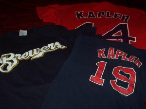 My Gabe Kapler T-Shirt Collection. I'll soon add a Rays shirt to the mix.