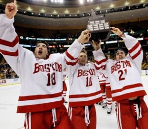 Brandon Yip, Chris Higgins and Jason Lawrence celebrate BU's Hockey East Championship (Photo: Boston Herald)