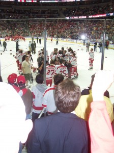 The celebration after BU won the National Championship in OT. (Photo by me.)