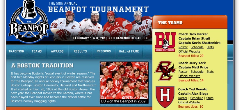 My screen capture of the official Beanpot website at 11:05pm, Sunday evening.